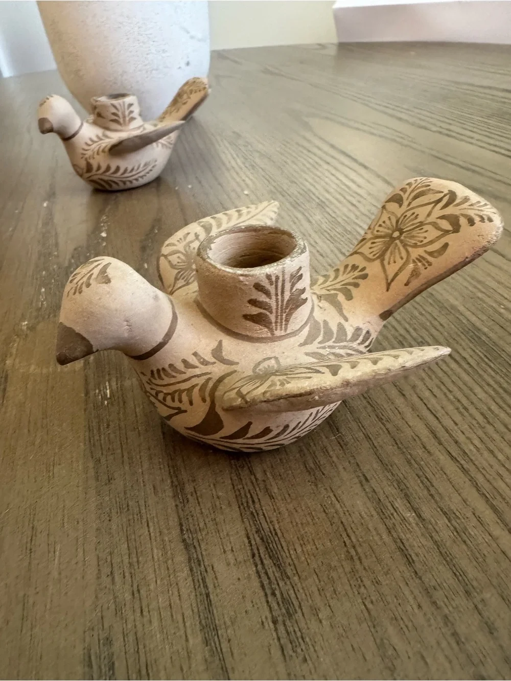 Vintage Hand-Painted Ceramic Bird Candle Holders — Beige